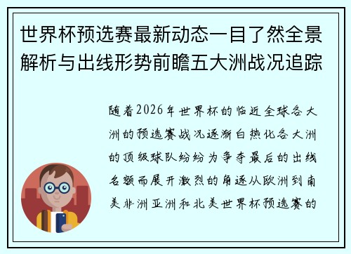 世界杯预选赛最新动态一目了然全景解析与出线形势前瞻五大洲战况追踪